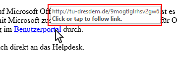 Screenshot, der ein tatsächliches Linkziel im Mouse-Popup zeigt.