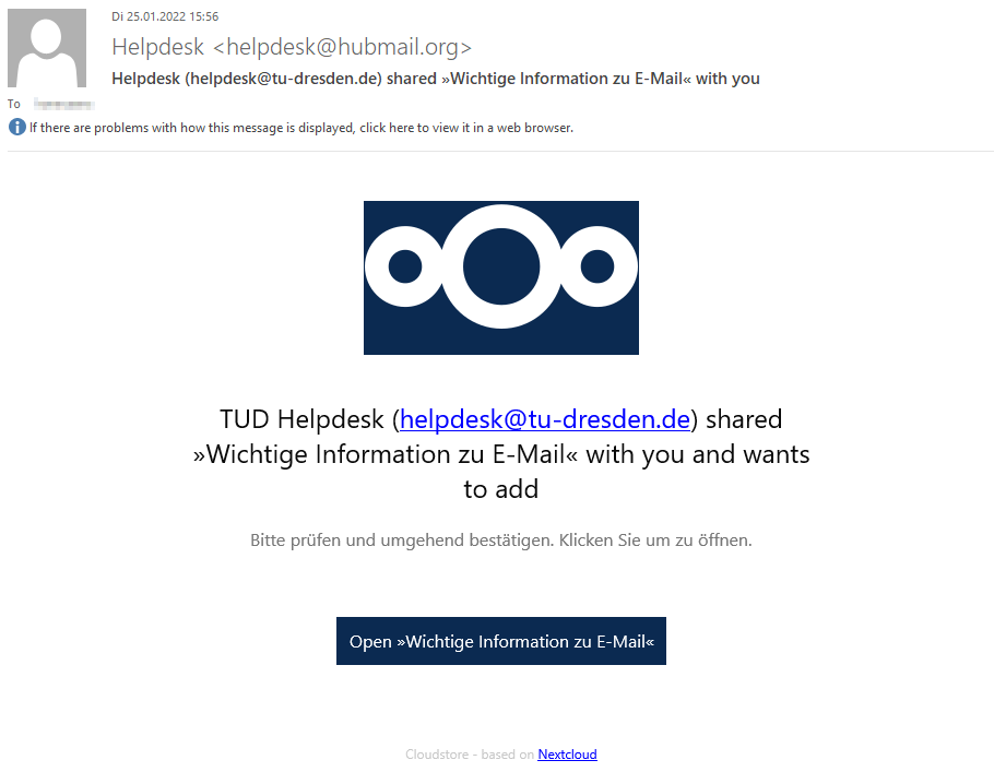 Screenshot der Phishing-E-Mail in Outlook