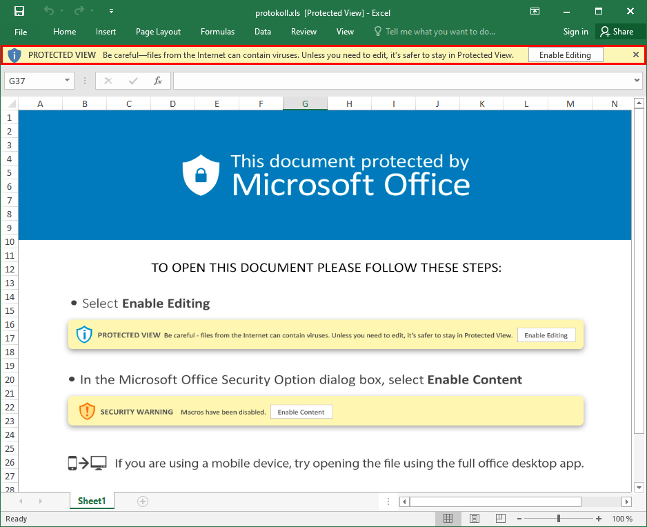 Screenshot des geöffneten Dokuments in Microsoft Excel