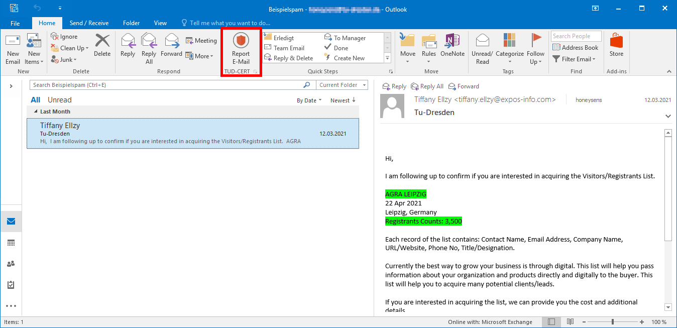 Screenshot showing how to select a suspicious E-Mail in Outlook