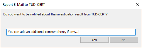 Screenshot of Outlook asking for an optional report comment