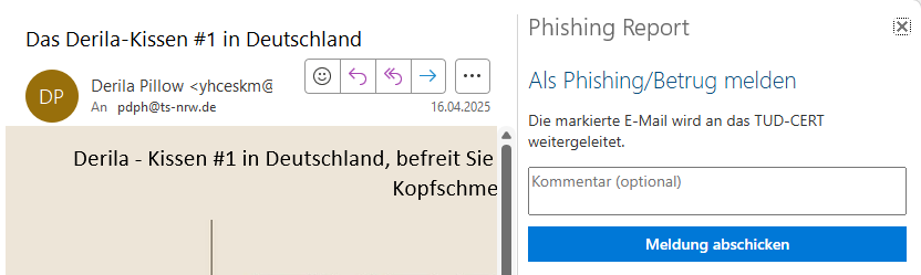 Screenshot des Phishing-Melde-Formulars unter Outlook