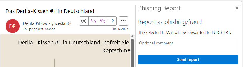 Screenshot of the phishing report form under Outlook