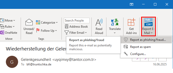 Screenshot of the report button in the Outlook ribbon