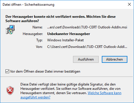 Screenshot der Windows-Warnung vor heruntergeladenen Dateien