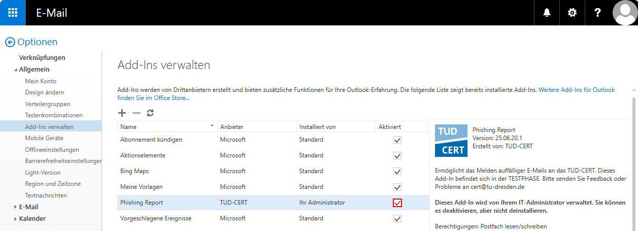 Screenshot der Add-In-Liste im Webmail-Portal