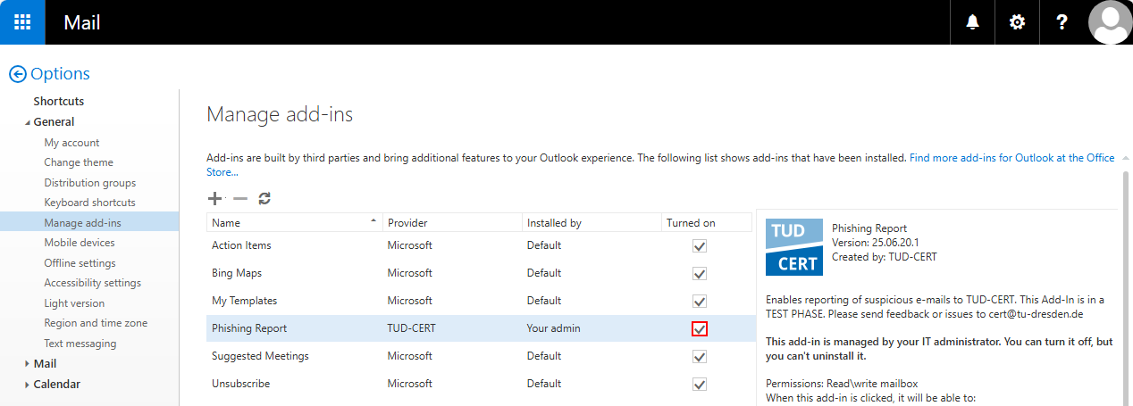 Screenshot of the Add-In list in the webmail portal