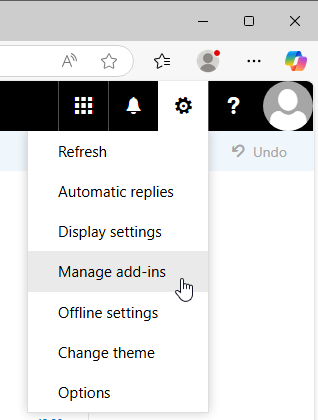 Screenshot of the 'Manage Add-Ins' option in the webmail portal