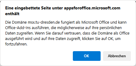 Screenshot des Bestätigungsdialogs der vom Add-In angeforderten Berechtigungen