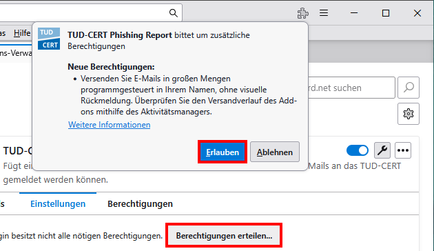 Screenshot der Anforderung der verbleibenden Berechtigungen