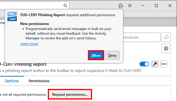 Screenshot showcasing how to request the remaining Add-on permissions