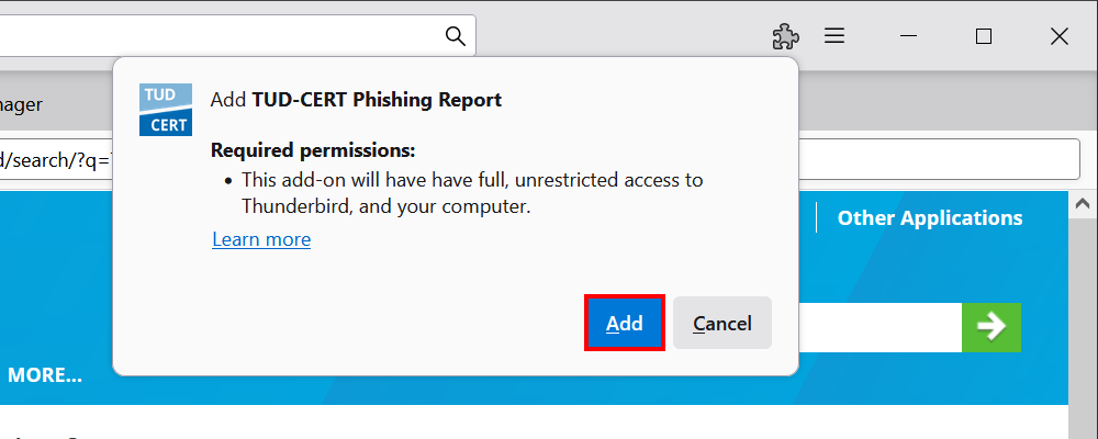 Screenshot of the Add-on installation process