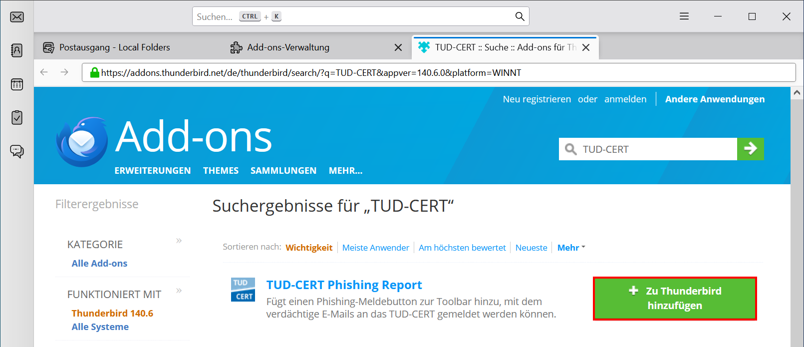 Screenshot des Hinzufügens eines Add-ons