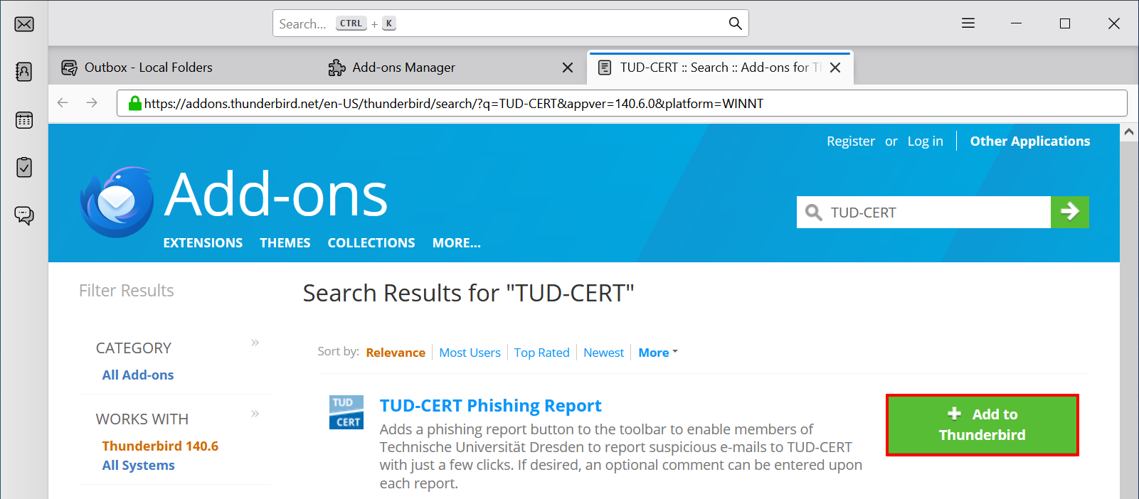 Screenshot of adding the Add-on to Thunderbird