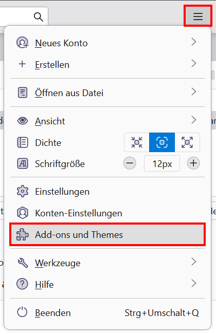 Screenshot der Navigation zur Add-on-Verwaltung