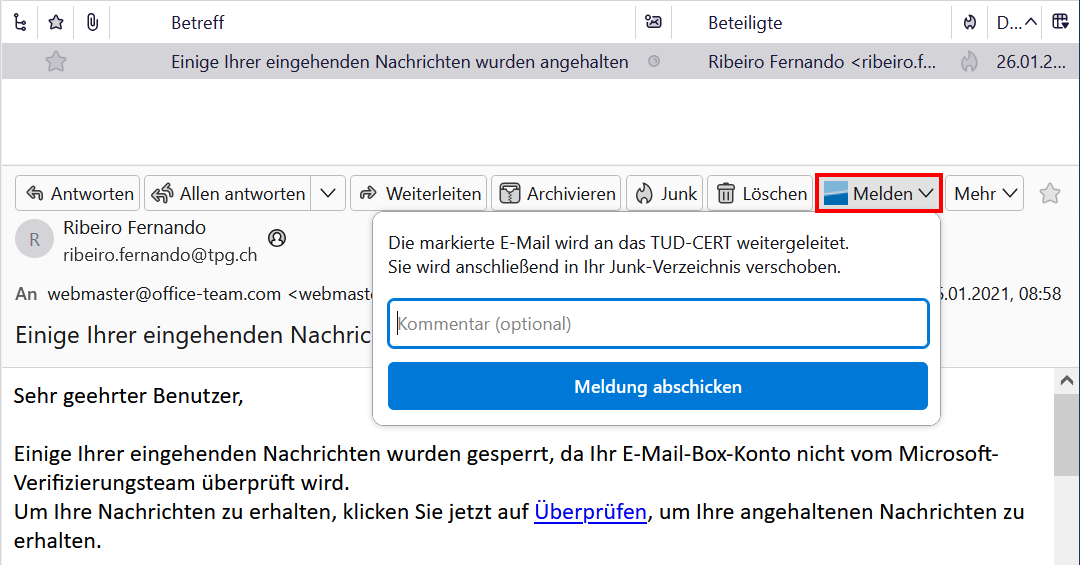 Screenshot des Meldepopups einer Phishing-E-Mail in Thunderbird