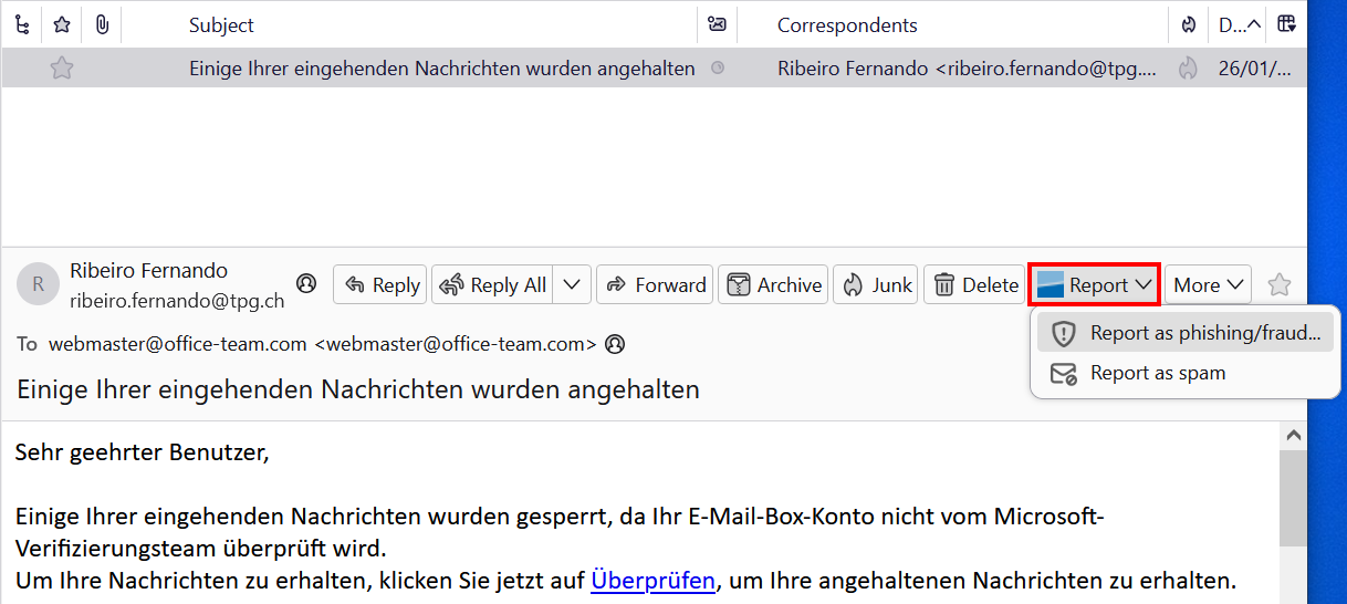Screenshot of the report dropdown for an E-Mail in Thunderbird