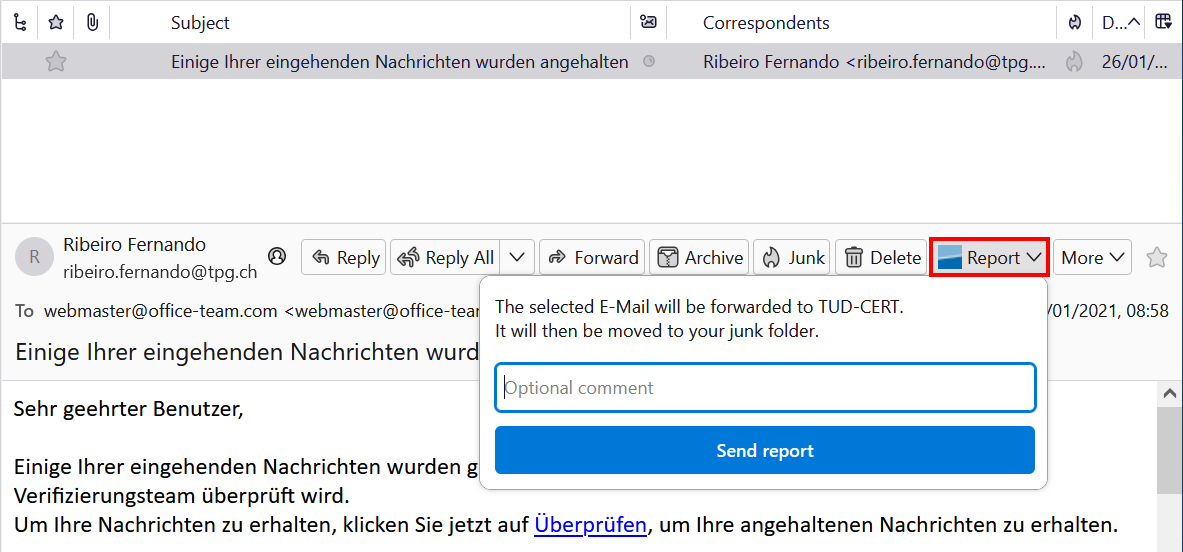 Screenshot of the report popup for a phishing E-Mail in Thunderbird