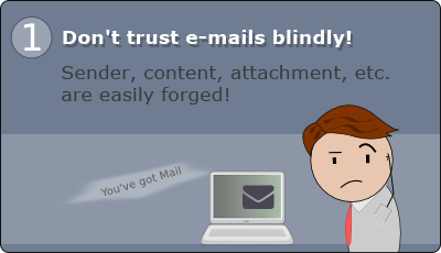 Don't trust e-mails blindly! Sender, content, attachment, etc. are easily forged!