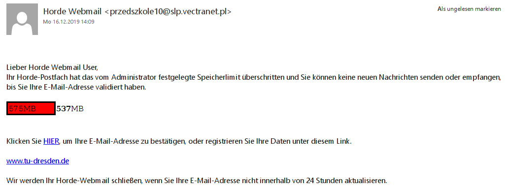 Screenshot einer Phishing-E-Mail von 'Horde Webmail' mit der Information, dass das Speicherlimit des Postfachs überschritten und die E-Mail-Adresse mit Klick auf einen Link zu bestätigen sei.