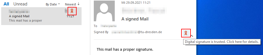 Outlook-Screenshot mit hervorgebonem Symbol, das digital signierte E-Mails kennzeichnet.