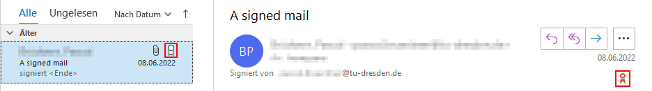 Outlook-2021-Screenshot mit hervorgehobenem Symbol, das digital signierte E-Mails kennzeichnet.