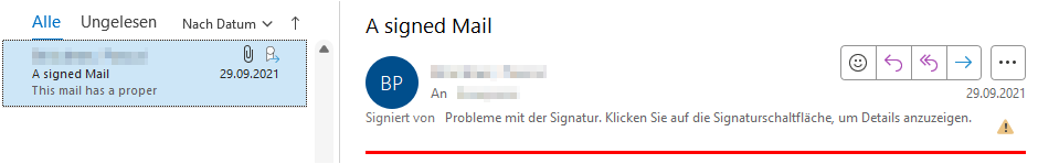 Outlook-2024-Screenshot einer ungültig digital signierten E-Mail.