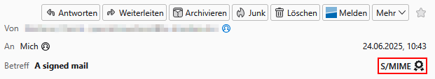 Thunderbird-Screenshot mit hervorgehobenem Symbol, das digital signierte E-Mails kennzeichnet.