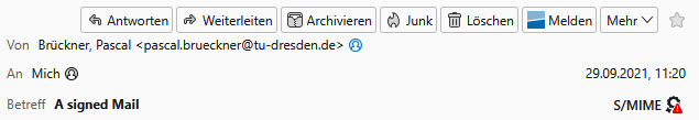 Thunderbird-Screenshot einer ungültig digital signierten E-Mail.