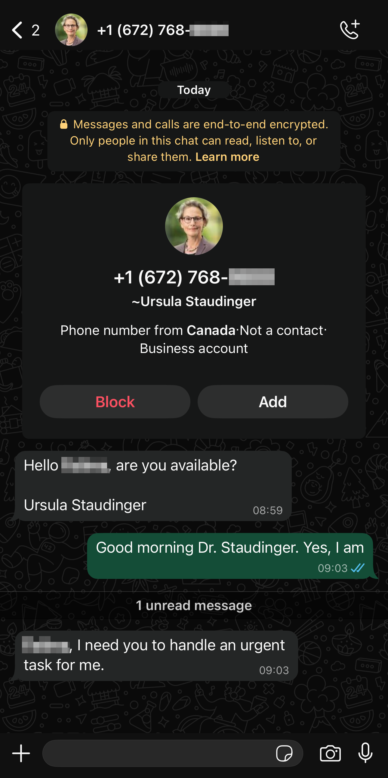 CEO fraud example using WhatsApp.